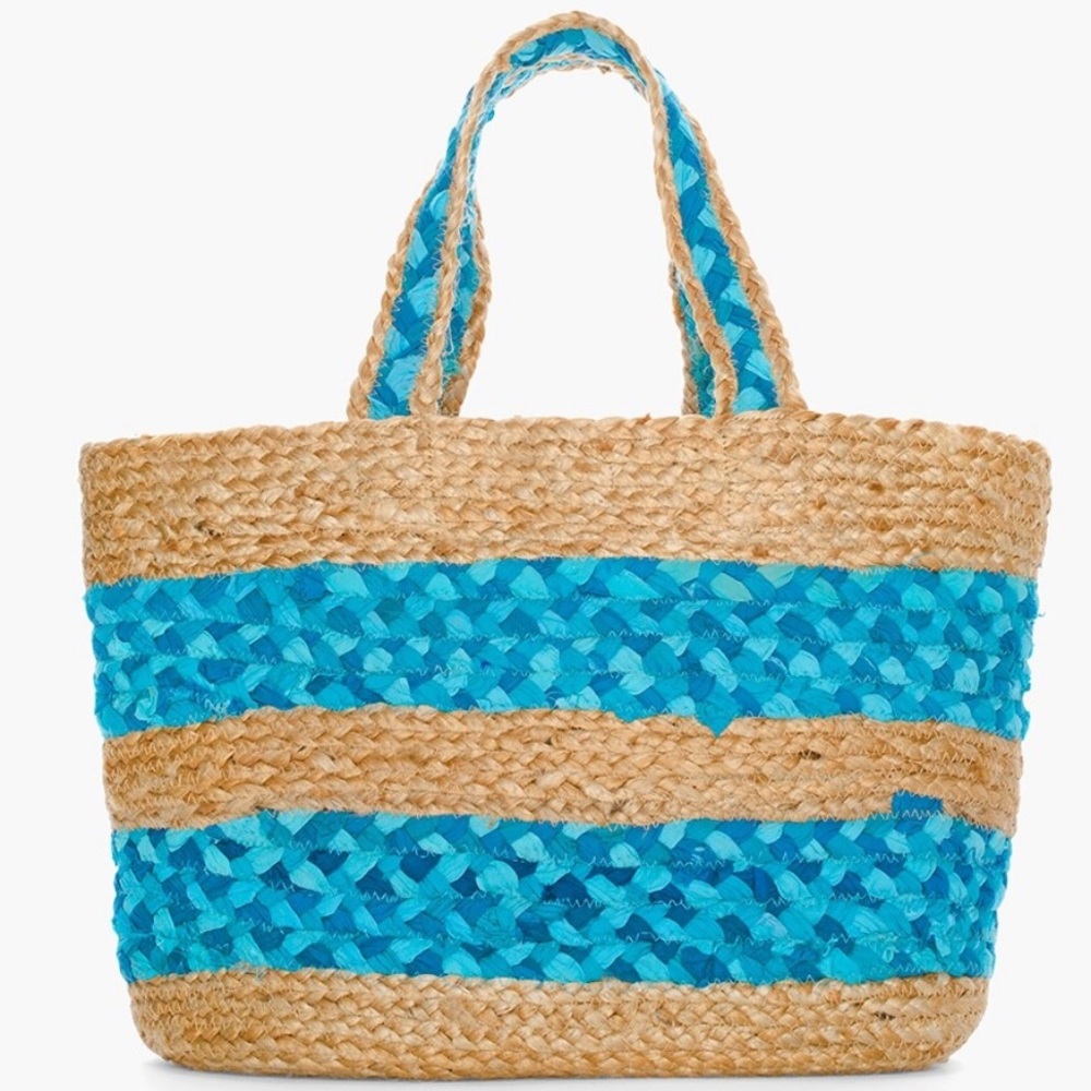 Chico's Blue Striped Woven Beach Bag